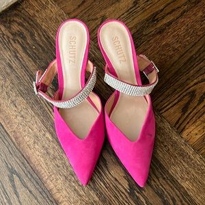 Schutz Fuschia pointed toe mule with rhinestone strap